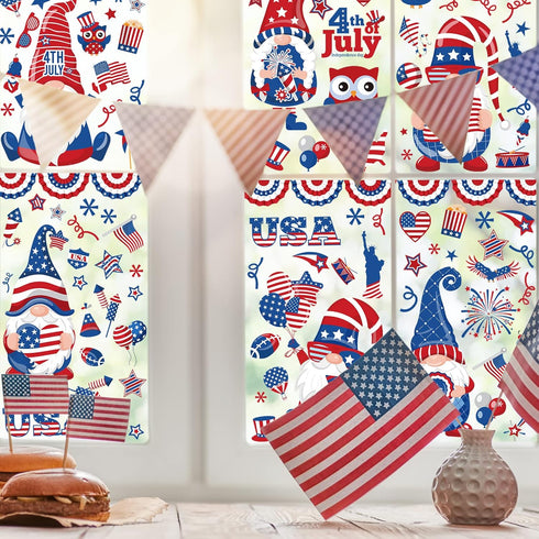 138Pcs Patriotic Window Clings 4th of July Gnome American Flag Firework Window Decals Red Blue Star Stripe Double-Sided Prints PVC Stickers for In...