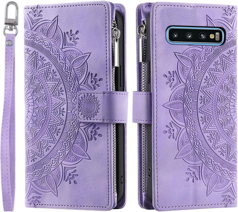Asuwish Phone Case for Samsung Galaxy S10 Wallet Cover with Tempered Glass Screen Protector and Wrist Strap Mandala Flower Flip Zipper Card Holder...