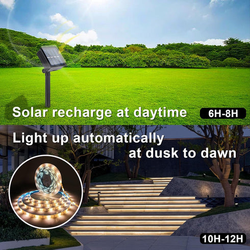 Solar Strip Lights Outdoor LED Outdoor Tape Lights Waterproof 20FT 180LED Rope Cuttable for Wrap Outside Pool Christmas Back Lighting Stair Step (...