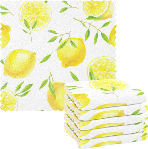 CaTaKu Lemons Leaves Kitchen Dish Cloths, 6 Pack Reusable Dish Rags for Washing Dishes, Microfiber Cleaning Cloths Dish Towels Washcloths for Kitc...