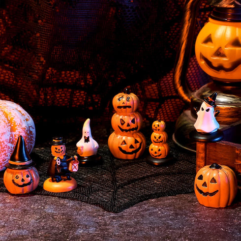 7 Pieces Halloween Miniature Pumpkin Figurines Mini Resin Pumpkin Ghost Ornaments Fairy Halloween Garden Adornments Pumpkin Doll Miniature Landsca...