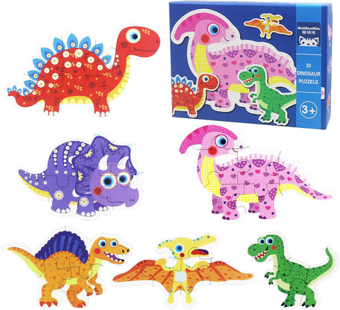 FLYINGSEEDS 6 Packs Dinosaur Wooden Shaped Jigsaw Puzzles for Toddlers Ages 1 2 3, Level-up Puzzles for Beginner, Montessori Learning Toys Prescho...