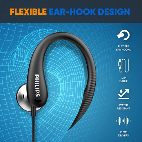 Philips Earbuds with Earhooks Over The Ear Earbuds, Wired Wrap Around Earbuds Earhook with Microphone, Flexible Sports in Ear Headphones for Runni...