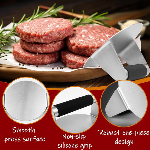 Kaudun Burger Press with Anti-Scald Handle, 5.5 in Stainless Steel Burger Smasher, Round Hamburger Press, Non-Stick, Griddle Accessories Kit for H...