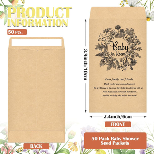 Fumete 50 Pcs Baby Shower Seed Packet Self Adhesive Kraft Seed Envelopes Small Parts Storage Packets Mini Kraft Seed Packets Retro Paper Seed Stor...