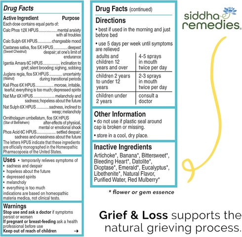Siddha Remedies Grief & Loss Spray for Sadness Despair Depression Melancholy | 100% Natural Homeopathic Remedy with Cell Salts and Flower Essences...