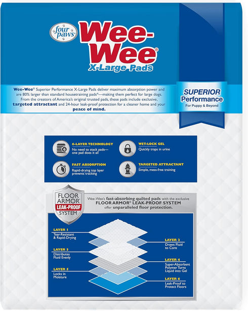 Four Paws Wee-Wee Superior Performance XL Pee Pads for Extra Large Dogs, Leak-Proof Floor Protection Dog & Puppy Quilted Potty Training Pads, Unsc...