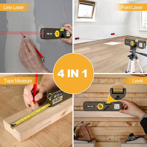 PREXISO 4-in-1 Line Laser Level Multipurpose Torpedo Level, 65Ft Alignment Point & 16Ft Laser Line & 10Ft Measure Tape Ruler & Quick Angle Setting...