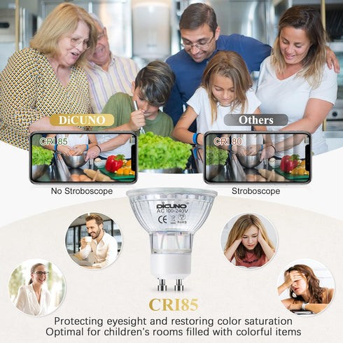 DiCUNO GU10 LED Light Bulbs, 6W 60W Halogen Replacement, Bright Daylight White 5000K, 700LM, Full Glass Cover 120 Degree Beam Angle 120V MR16 GU10...