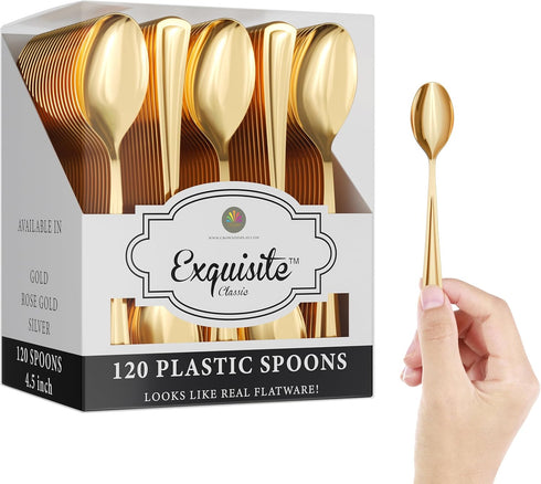 120 Pack Gold Plastic Tea Spoons Heavy Duty - Gold Disposable Silverware - Gold Plastic Silverware - Gold Spoons Disposable - Plastic Silverware H...
