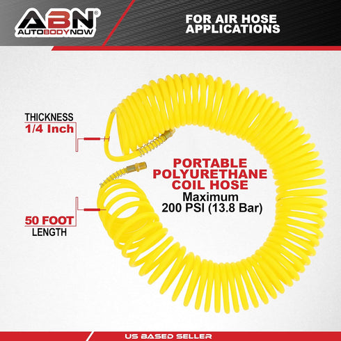 ABN Recoil Hose, 1/4in x 50ft – Portable Polyurethane Coil Hose for Air Compressor, Nailer, Sprayer, Staple Gun...