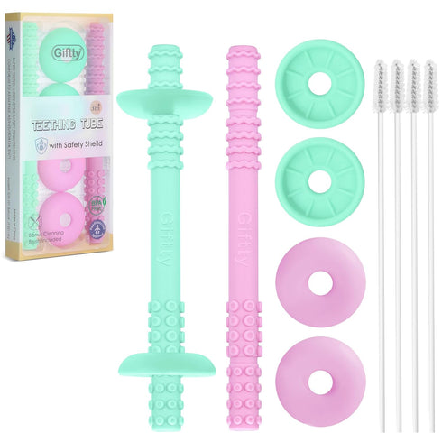 Giftty Teething Tube with Safety Shield Baby Hollow Teether Sensory Toys Gum Massager, Food-Grade Silicone for Infant 3-12 Months Boys Girls, 1 Pa...
