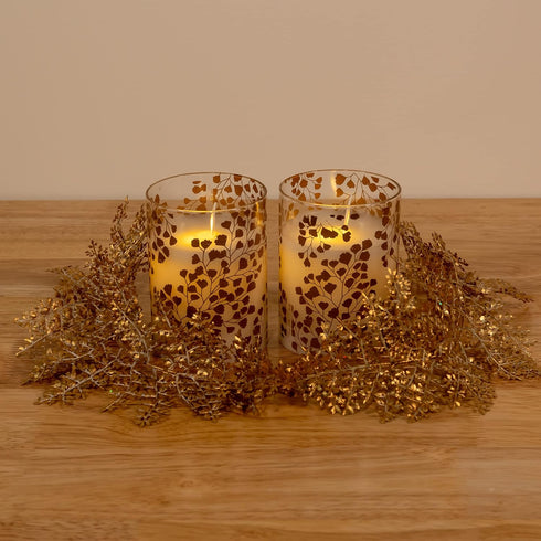 LumaBase Battery Operated LED Glass Candles with Flickering Flame, Gold Fern - Set of 2...