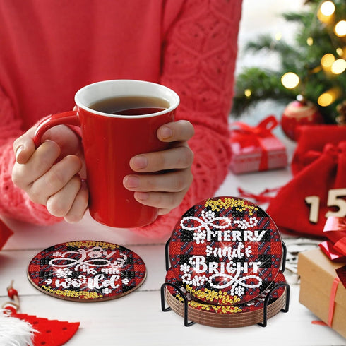 8 Pcs Christmas Word Diamond Art Coasters Kits with Holder Christmas Word Diamond Art Coaster with Cork Bases for Adults Diamond Kits Supplies for...