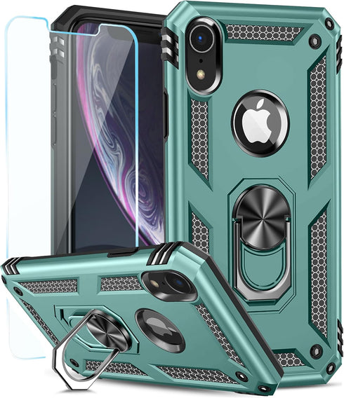 SunStory Compatible with iPhone XR Case with HD Screen Protector, Phone Case with Magnetic Ring Kickstand for iPhone XR 2018,Green...