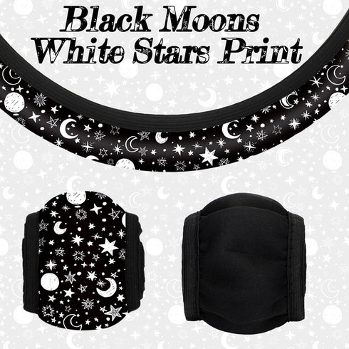 4 Pieces Black Moons White Stars Print Car Accessories Set Black Moons White Stars Steering Wheel Cover with 2 Pieces Car Cup Mats and Leather Key...