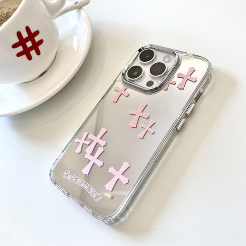 Fits iPhone 15 Pro Max Case Bless Cross Phone Case for iPhone 14 Shockproof Protective Cases Mirror Phone Case (Pink, 13ProMax)...