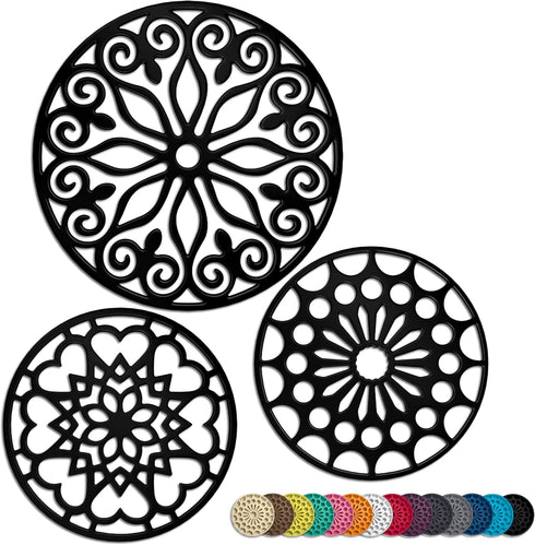 3 Set Silicone Trivet Mats with 1 Extra Large Included | Intricately Carved Insulated Flexible Durable Non Slip Thick Round Premium Trivets for Ho...