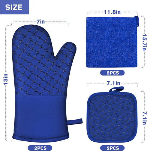 6 Pcs Oven Mitts and Pot Holders, 500? Heat Resistant Oven Mitts with Kitchen Towels Soft Cotton Lining and Non-Slip Silicone Surface Safe for Bak...