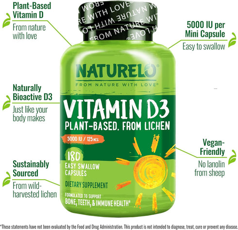 NATURELO Vitamin D - 5000 IU - Plant Based from Lichen - Natural D3 Supplement for Immune System, Bone Support, Joint Health - High Potency - Vega...