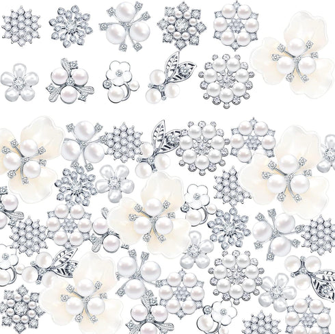 44 Pieces Pearl Rhinestone Buttons Rhinestone Faux Pearl Embellishments Pearl Brooch Alloy Floral Pendants for Jewelry Making Clothes Bags Shoes S...