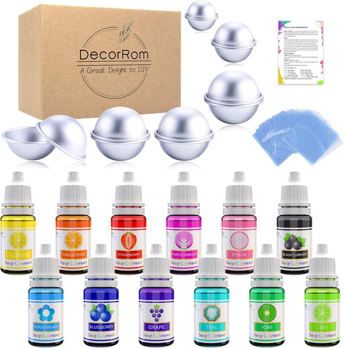 Bath Bomb Mold Kit 12 Pieces with 12 Soap Colorant, Shrink Wrap Bags - Liquid Food Grade Skin Safe Bath Bomb Dye for Making DIY Bath Bombs Supplie...