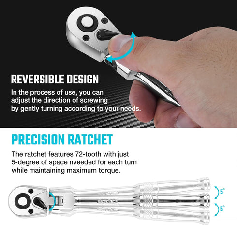 DURATECH 1/4" Drive Flex-Head Ratchet, 72-Tooth Ratchet Wrench, Quick-release, Reversible Switch, Full-Polished Chrome Plating, Alloy Steel...