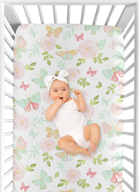 Sweet Jojo Designs Blush Pink, Mint and White Watercolor Rose Baby or Toddler Fitted Crib Sheet for Butterfly Floral Collection...