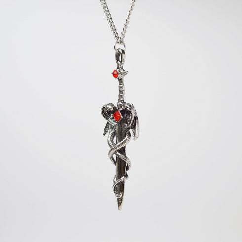 Dragons Wrapped Around Sword Medieval Renaissance Silver Finish Pendant Necklace...