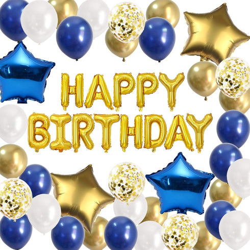 Birthday Decorations Royal blue Gold – Glabby Happy birthday Balloon Foil Banner for Boys Men Bday Party Decor Supplies (Navy Blue)...