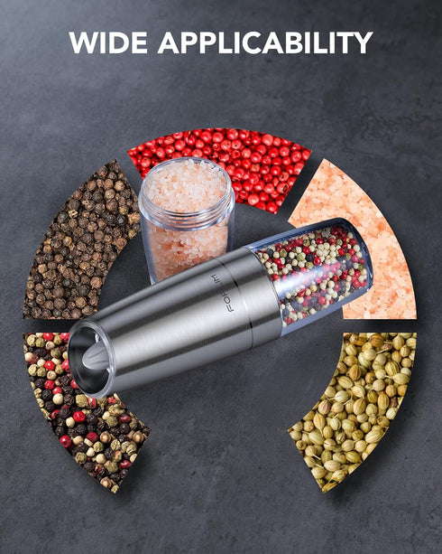 Electric Salt and Pepper Grinder Set, Upgraded 4 Batteries, Automatic Pepper Grinder with LED Light, Adjustable Coarseness One Hand Operation, Sta...