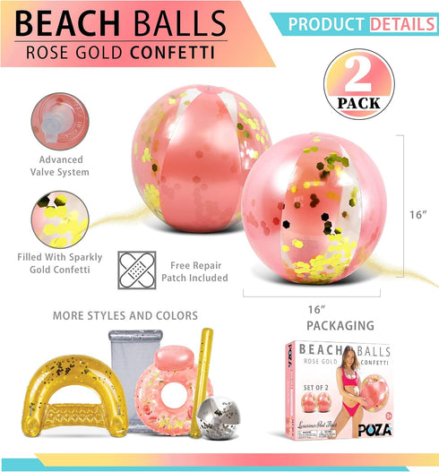 POZA Inflatable Beach Balls Set of 2 - Elegant Glitter Confetti Premium Floaters, Heavy Duty Vinyl Floatation Pool Toys for Pool Beach Party, UV R...