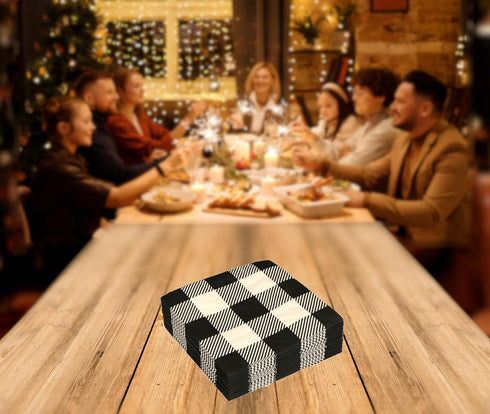 Iconikal 75-Count Black Gingham Disposable Paper Party Napkins, White Buffalo Plaid, Dinner Size...