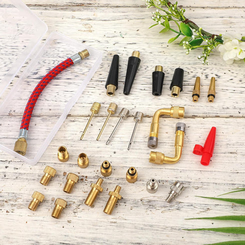 28pcs Bicycle Valve Adapter Set, Brass Bike Tire Valve Stem Adapter Inflation Kit Accessories for Standard Pump or Air Inflatable Attachment Compr...