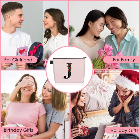 Initial Letter J Makeup Bag for Women Girl, A-Z Personalized Makeup Bag Pink Monogram Cosmetic Bag, Custom Graduation Nurse Week Gift Birthday Bri...