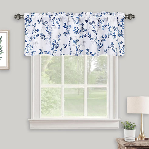 Navy Blue Valance for Windows, Watercolor Botanical Flowers Leaves Printed, Rod Pocket Window Treatments Navy and White Valances for Kitchen Cafe ...