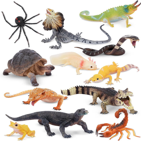 Toymany 12PCS Reptile Animal Figurine Toys Set, Cold Blooded Amphibians Desert Animal Figures with Komodo Dragon Lizard Snake Chameleon Rainforest...