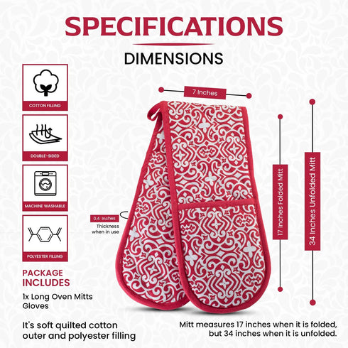 Kitchen BBQ Christmas Red Holiday Double Oven Mitts Gloves | Extra Long & Thick, Heat Resistant | Quilted Attached 1 Piece Oven Gloves | 100% Cott...