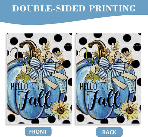 Hello Fall Teal Blue Pumpkin Decorative Garden Flag, Autumn Polka Dots Farmhouse Yard Outside Decorations, Thanksgiving Seasonal Blue Burlap Outdo...