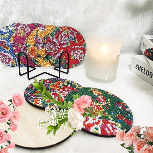 8 Pcs Diamond Art Painting Coasters with Holder,Chinese Traditional Northeast Flower Diamond Art Kits,DIY Diamond Art Painting Kits for Beginners,...