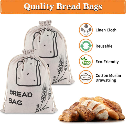 Bread Bags, 2 Pack Linen Bread Bags, Bread Bags for Homemade Bread Storage with Drawstring — Plastic Lined, Reusable Gift Bag for Housewarming, We...