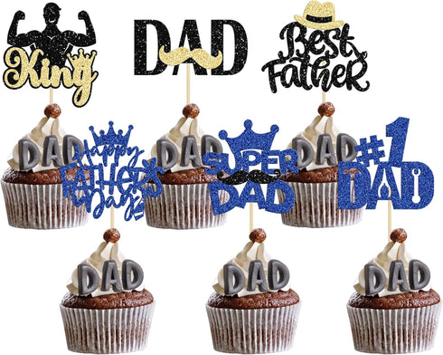 Gyufise 24Pcs Happy Father's Day Cupcake Toppers Glitter Moustache Tie King Super #1 Dad Best Dad Tool Construction Cupcake Picks for Happy Father...