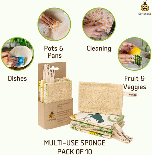SUPERBEE Natural Kitchen Sponges 10 Pack - Plant-Based Biodegradable Loofah Dish Sponge - Eco-Friendly, Zero-Odor, cleaning dirty dishes, pots, an...