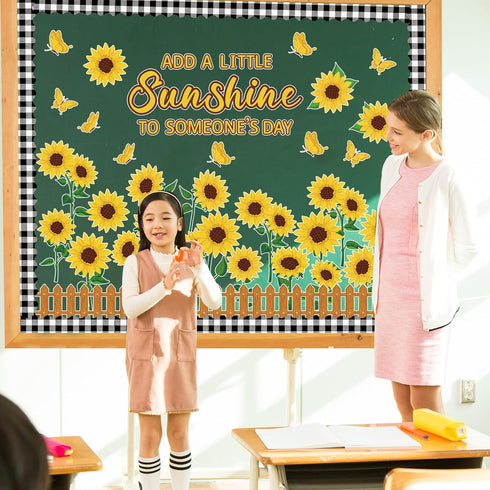 Sunflower Bulletin Board Decoration Sun Flower Cutout Set with Butterflies Fences Bulletin Cardboard with Motivational Sayings Cutouts for Classro...