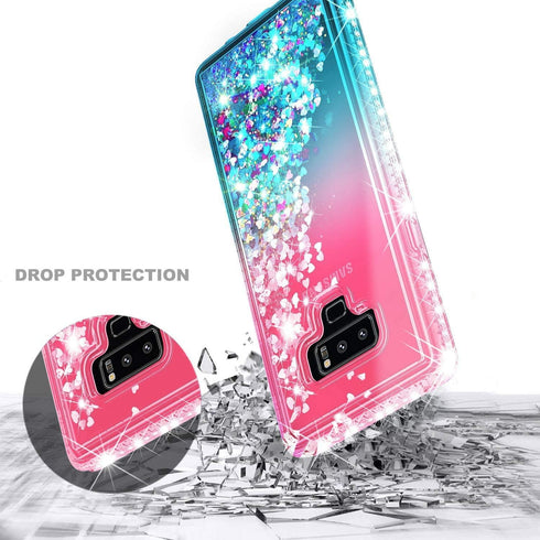 Case for Samsung Galaxy Note 9 with Screen Protector (Maximum Coverage, Flexible TPU Film), Ring Holder/Wrist Strap, Sparkle Glitter Flowing Liqui...