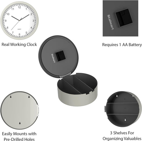 Wall Clock Safe - 10-Inch Battery-Operated Analog Timepiece with Hidden Shelf Storage for Secret Compartment Items and More by Stalwart (Silver/Wh...