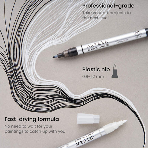 ARTEZA Acrylic Paint Markers, Set of 20 Black & White Acrylic Paint Pens, Art Markers for Glass, Pottery, Ceramic, Plastic, Rocks, and Canvas...
