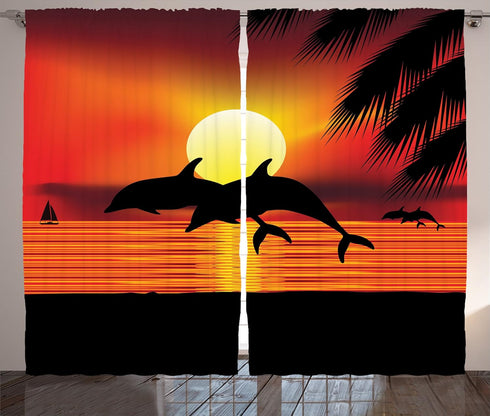 Ambesonne Whale Curtains, 2 Dolphins in The Ocean at Sunset with Palm Tree Leaves Romantic Waterscape View, Living Room Bedroom Window Drapes 2 Pa...
