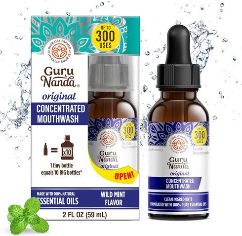 GuruNanda Concentrated Mouthwash (2 fl oz), Fluoride-Free, Mint Mouthwash with Natural Essential Oils, Supports 300 Rinses, Aids in Fresh Breath...