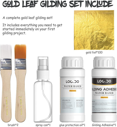 Gold Leaf Kit, Gilding Adhesive 200ml Set, Water Based Adhesive and Protective Varnish Whit Gold Leaf Sheet 100 pc, for Craft Supplies, Painting, ...